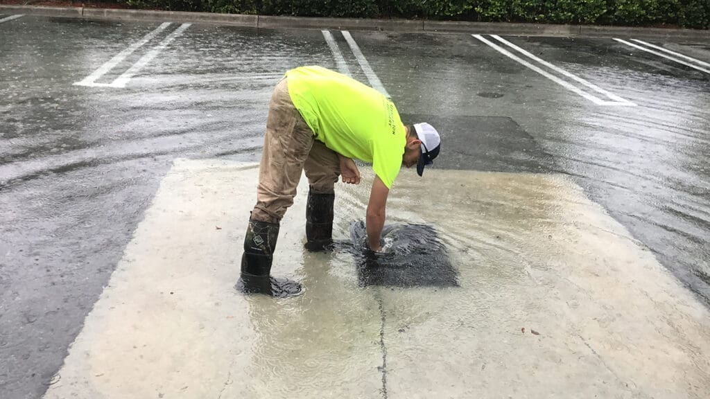 AQUALIS employee unclogging a flooded storm drain