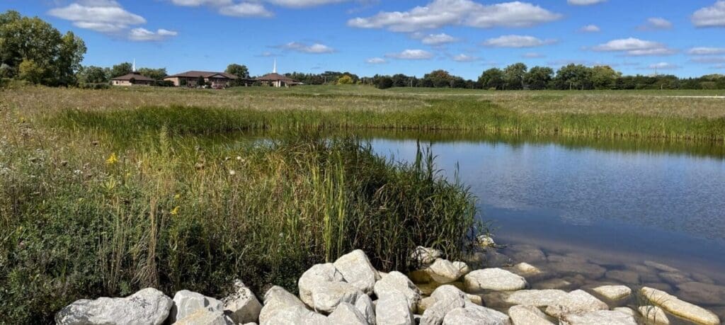 pond with rock shoreline in the foreground